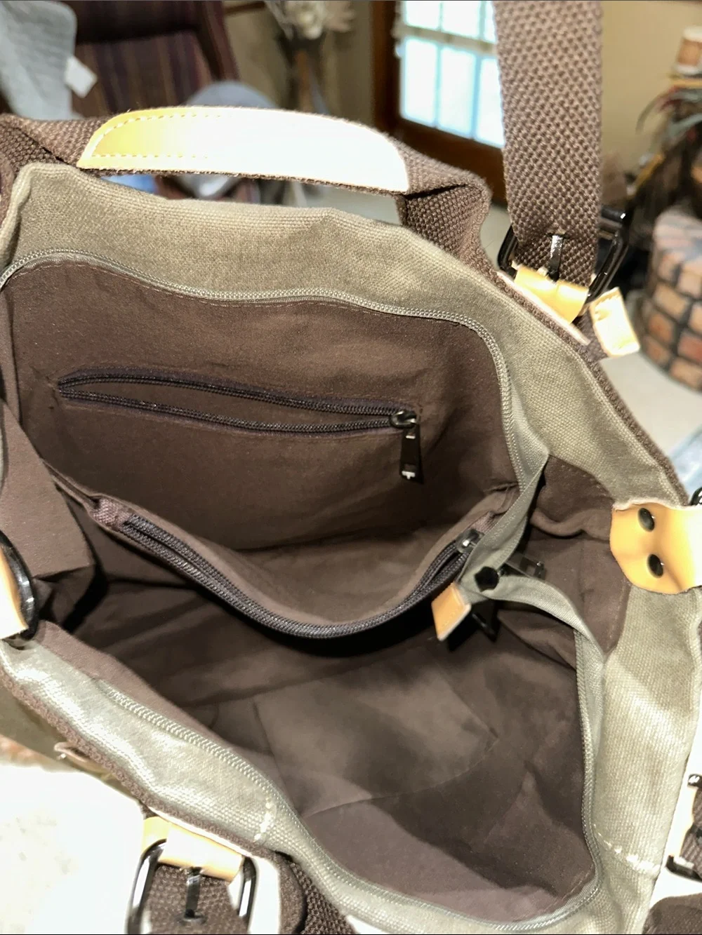K-Two Olive Canvas Tote with Dark Brown Straps
